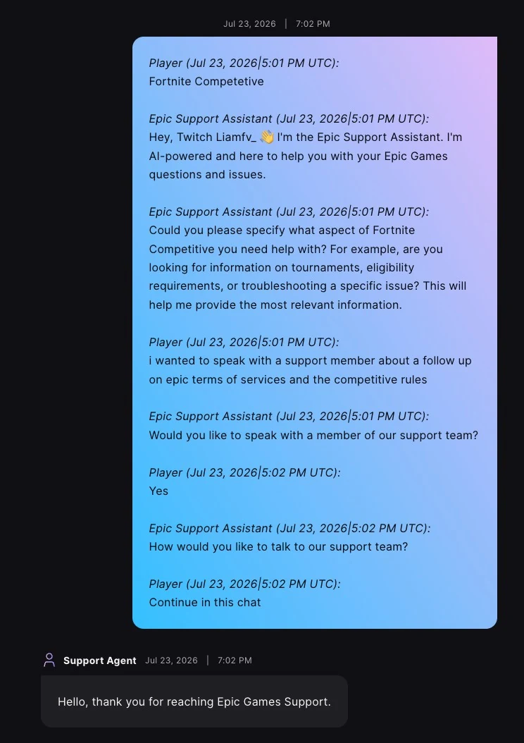 Opening of the Epic Games Support conversation and handoff to a live agent