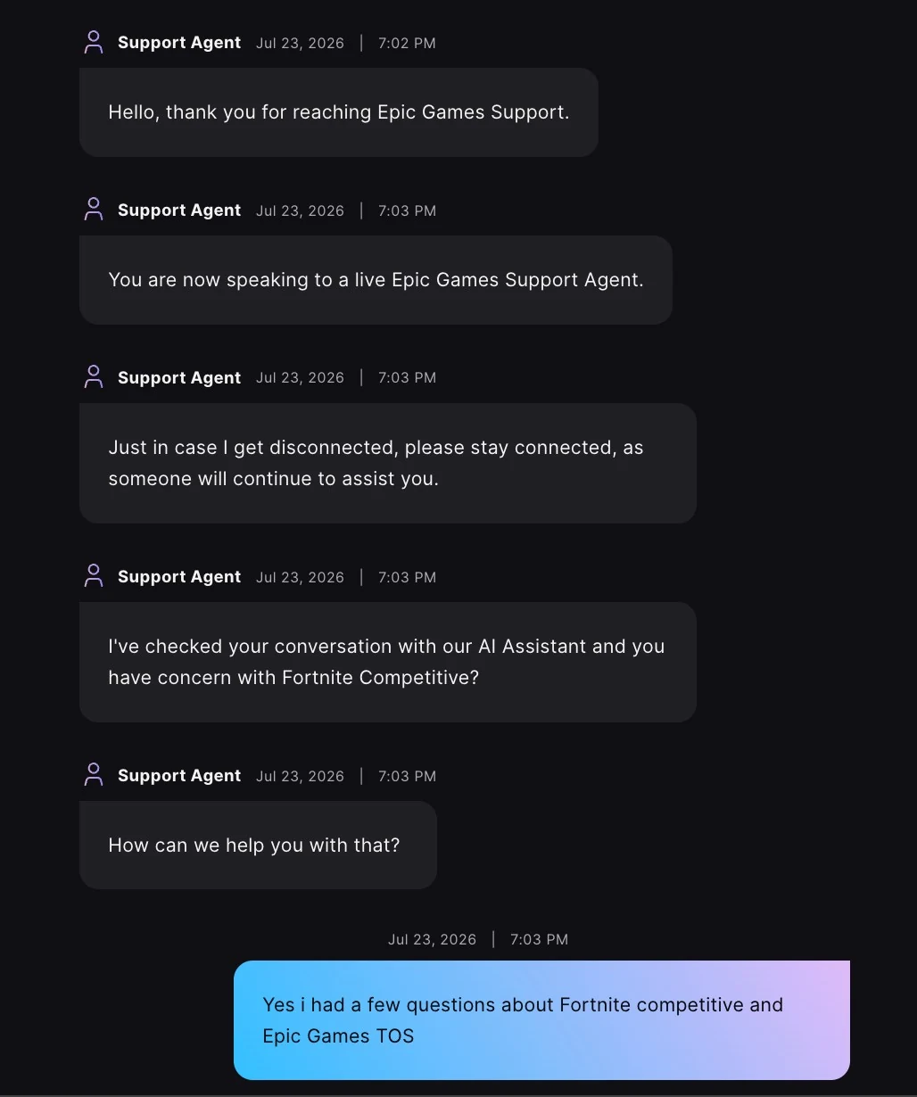 Epic Games Support agent joining the conversation about Fortnite competitive rules