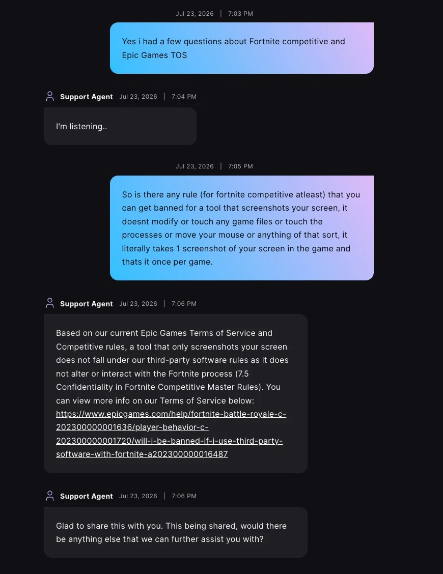 Epic Games Support response regarding a screenshot-only tool that does not interact with Fortnite